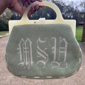 Maud Hundley rare Needlepoint Handbag Green Vintage Lucite Handle 1950s purse